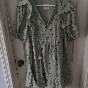 Umgee Sage Green Mini Dress with Tie Front and Ruffle Trim